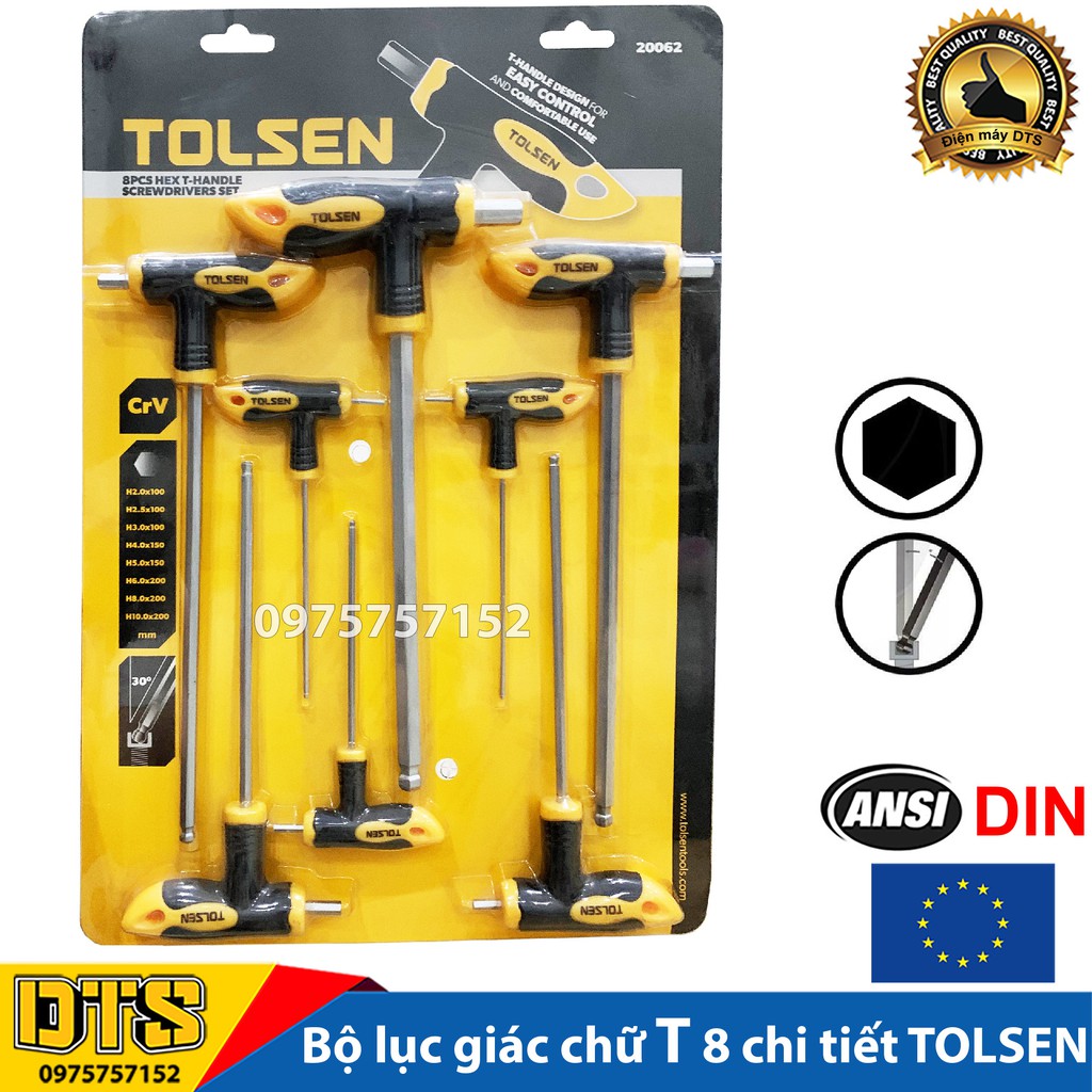 Bộ 8 tay vặn lục giác chữ T công nghiệp TOLSEN, bộ chìa vặn chữ T đầu lục giác, thép CrV cao cấp - Tiêu chuẩn châu Âu