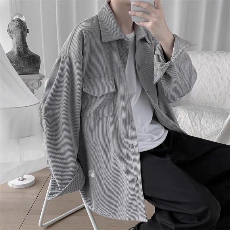 Áo Sơ Mi Nhung Gân Tăm Phong Cách Retro Hàn Quốc Form Rộng Unisex Nam Nữ Ulzzang | WebRaoVat - webraovat.net.vn