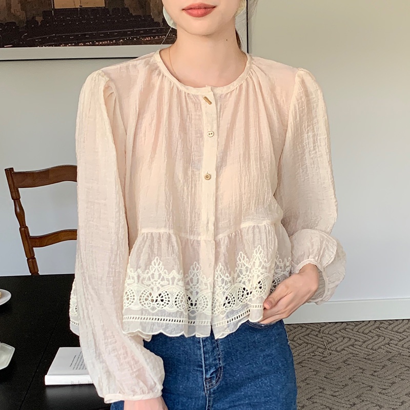 (ORDER) Áo sơ mi voan cổ tròn cài khuy babydoll vintage kiểu Pháp phối ren sang trọng