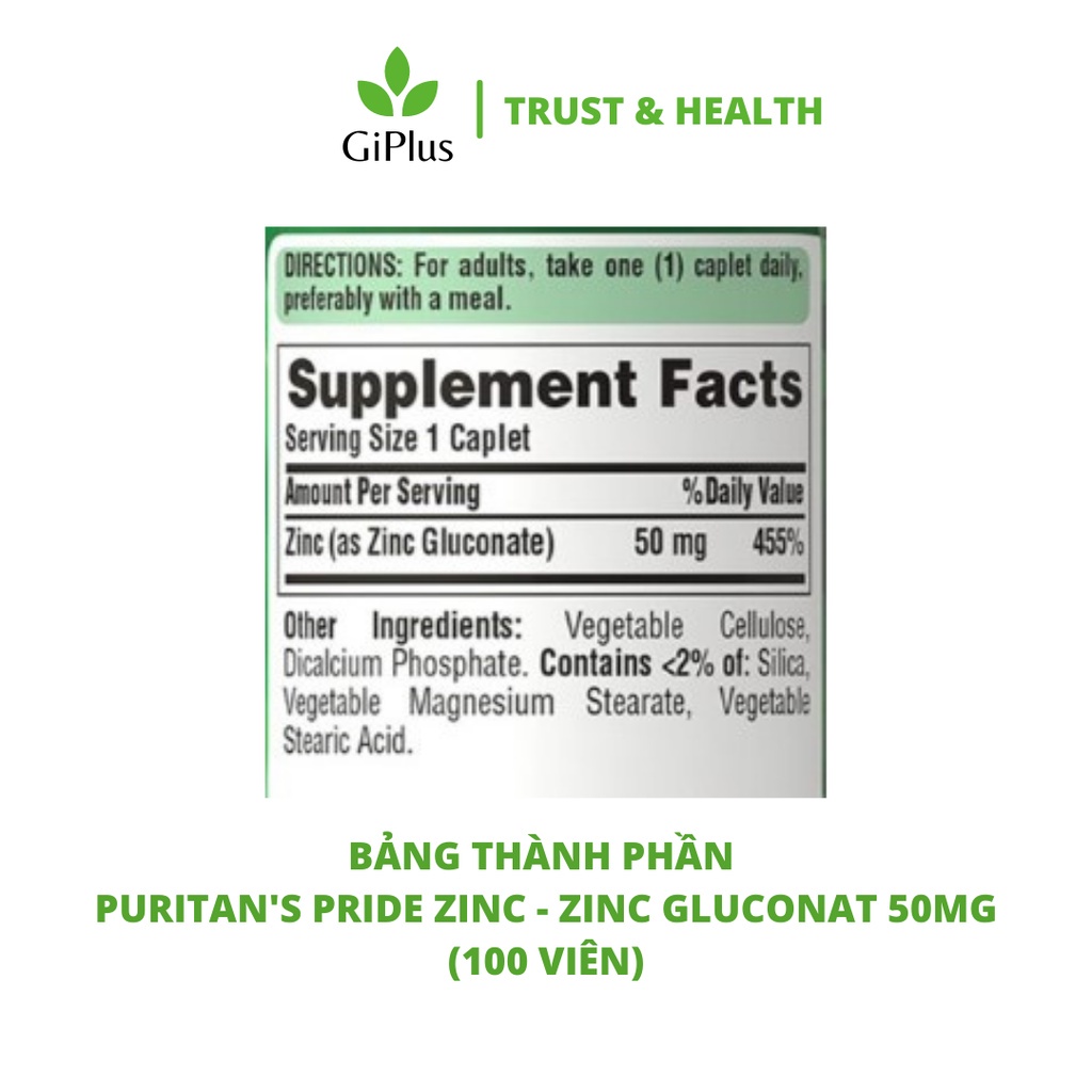 Viên Uống Bổ Sung Kẽm, Tăng Cường Đề Kháng Puritan’s Pride Zinc Gluconate 50mg (100 Viên/Lọ)
