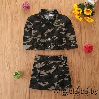 Set Áo Tay Dài Và Chân Váy Hoạ Tiết Lính Cho Bé Gái 1-6 Tuổi