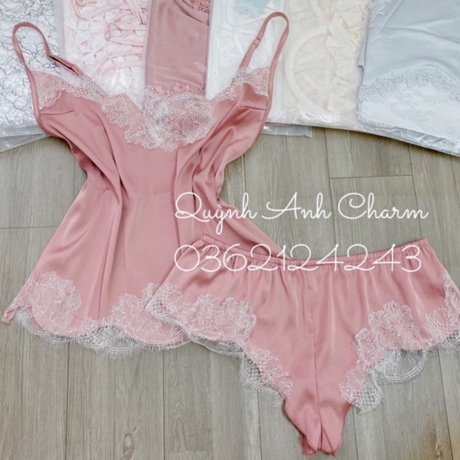 SẴN SỈ _Đồ bộ ngủ 2 dây Set đồ ngủ lụa Quảng Châu mặc nhà phối viền ren cao cấp SP005 (có ảnh thật trải sàn)