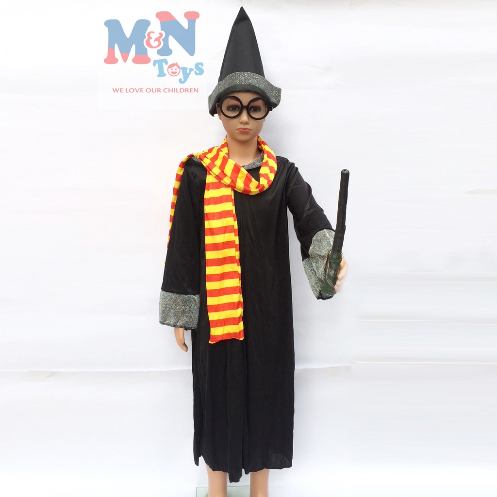 Set đồ hóa trang Harry Potter kèm khăn, mũ, kính và gậy phép thuật cho bé chơi Halloween B-0029 từ 3-12 tuổi