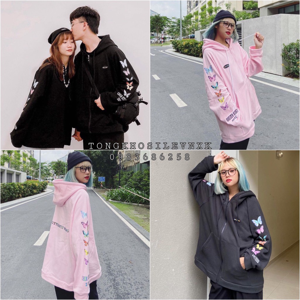 (New) ÁO NỈ KHOÁC DÂY KÉO BƯỚM CHER STUDIO HỒNG ĐEN - ÁO KHOÁC HOODIE CÁNH BƯỚM COUPLE