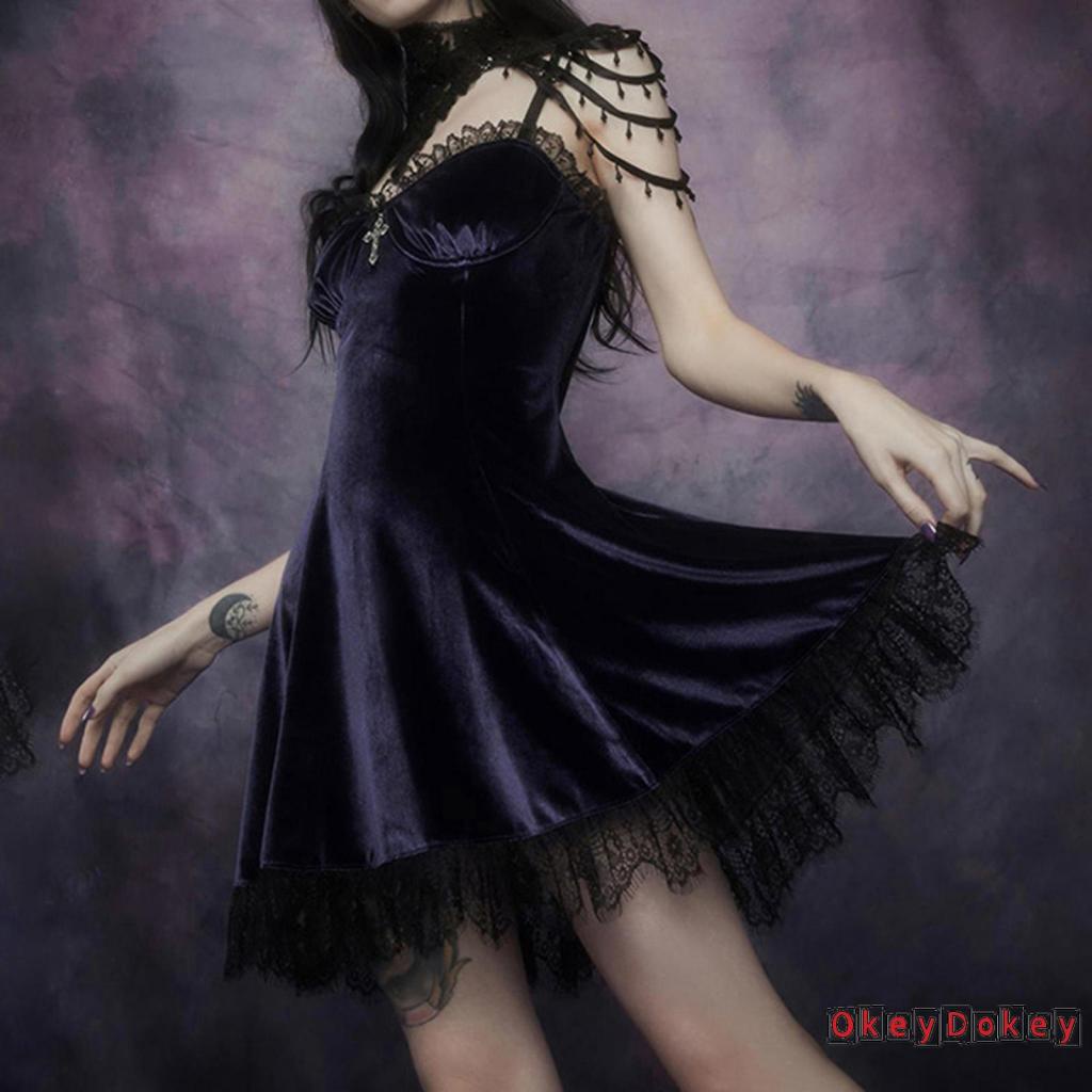 Đầm nhung hai dây cổ chữ V viền ren thắt nơ thời trang cho nữ