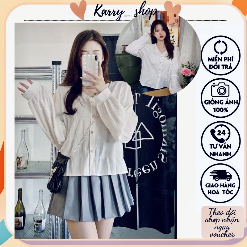 Áo sơ mi nữ tay bồng cổ V phong cách vintage Hàn Quốc đi học đi làm thời trang cao cấp