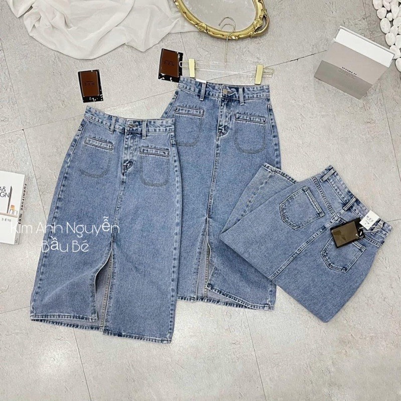chân váy jeans nữ dài xẻ tà trước màu xanh hàng đẹp CV78 SUTANO