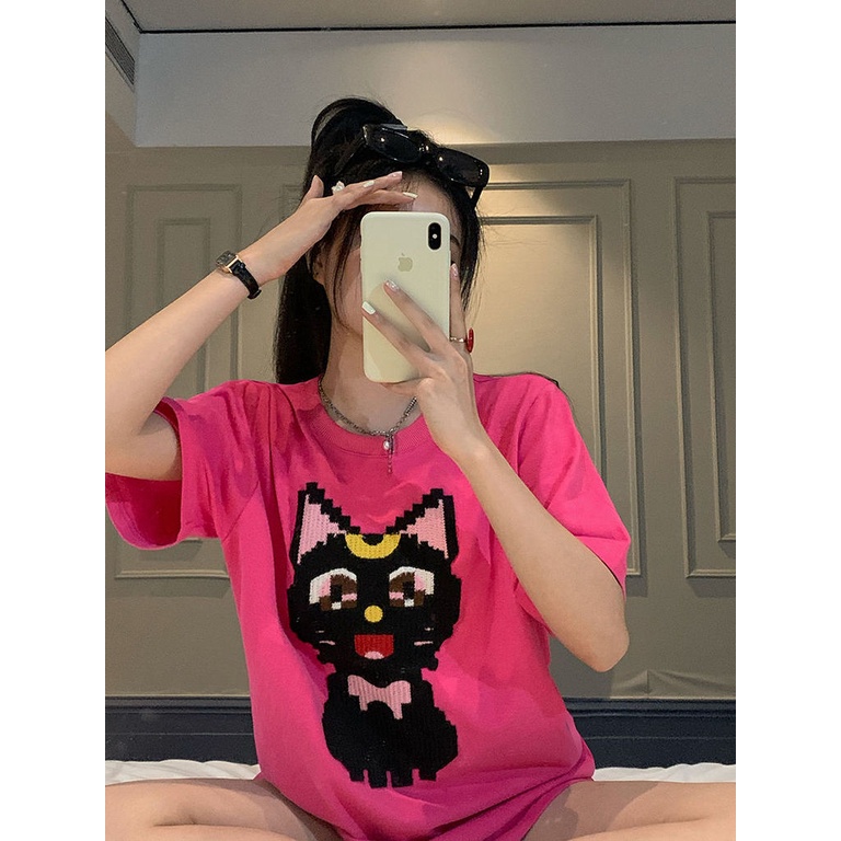 Áo thun Pure Cube tay ngắn cổ tròn thêu họa tiết hoạt hình mèo hồng phong cách Hàn Quốc thời trang cho nữ