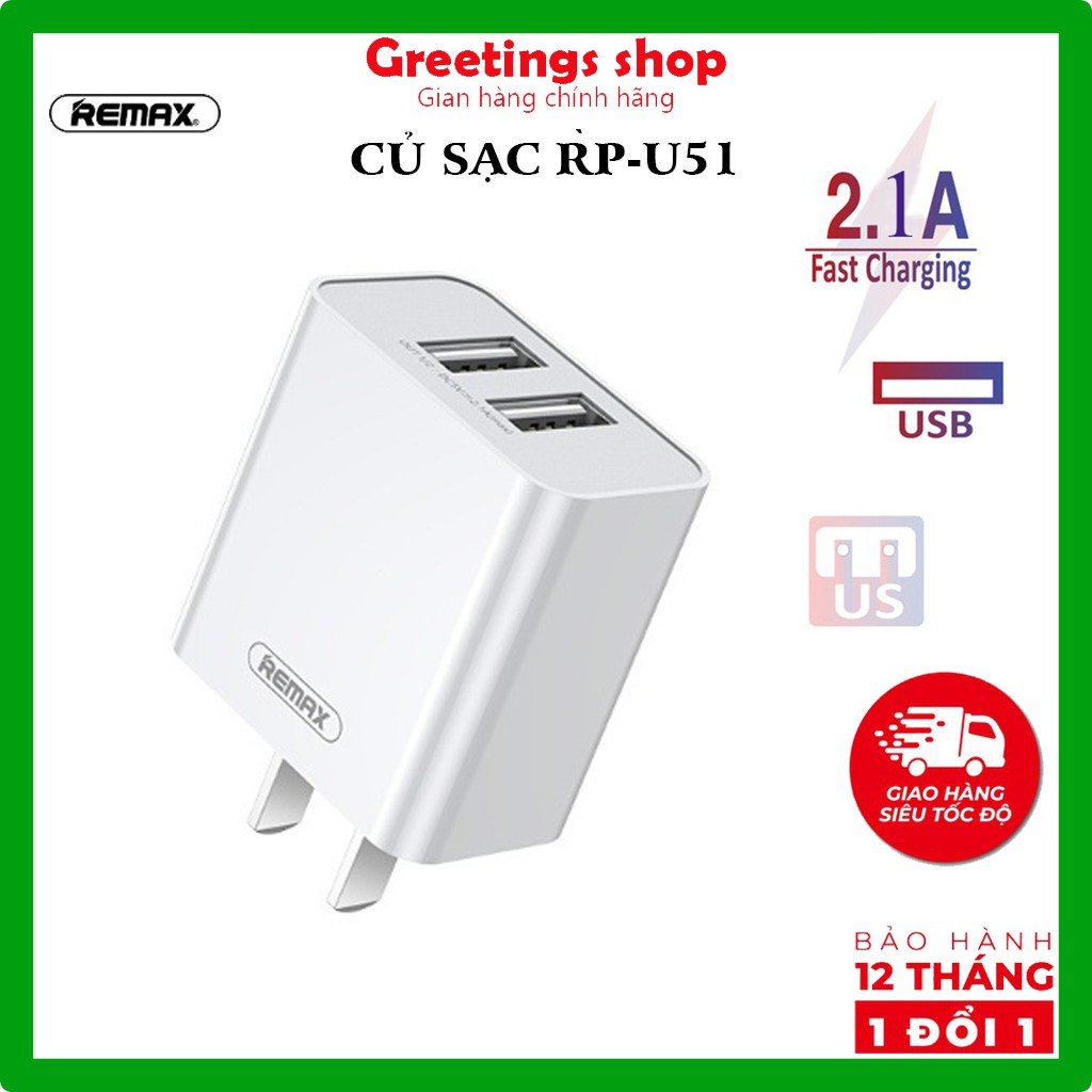 💎XẢ HÀNG💎 Củ Sạc  REMAX RP-U51 Chính Hãng Hỗ Trợ Sạc Nhanh An Toàn Cho Điện Thoại Samsung, Iphone, oppo, xiaomi, huawei