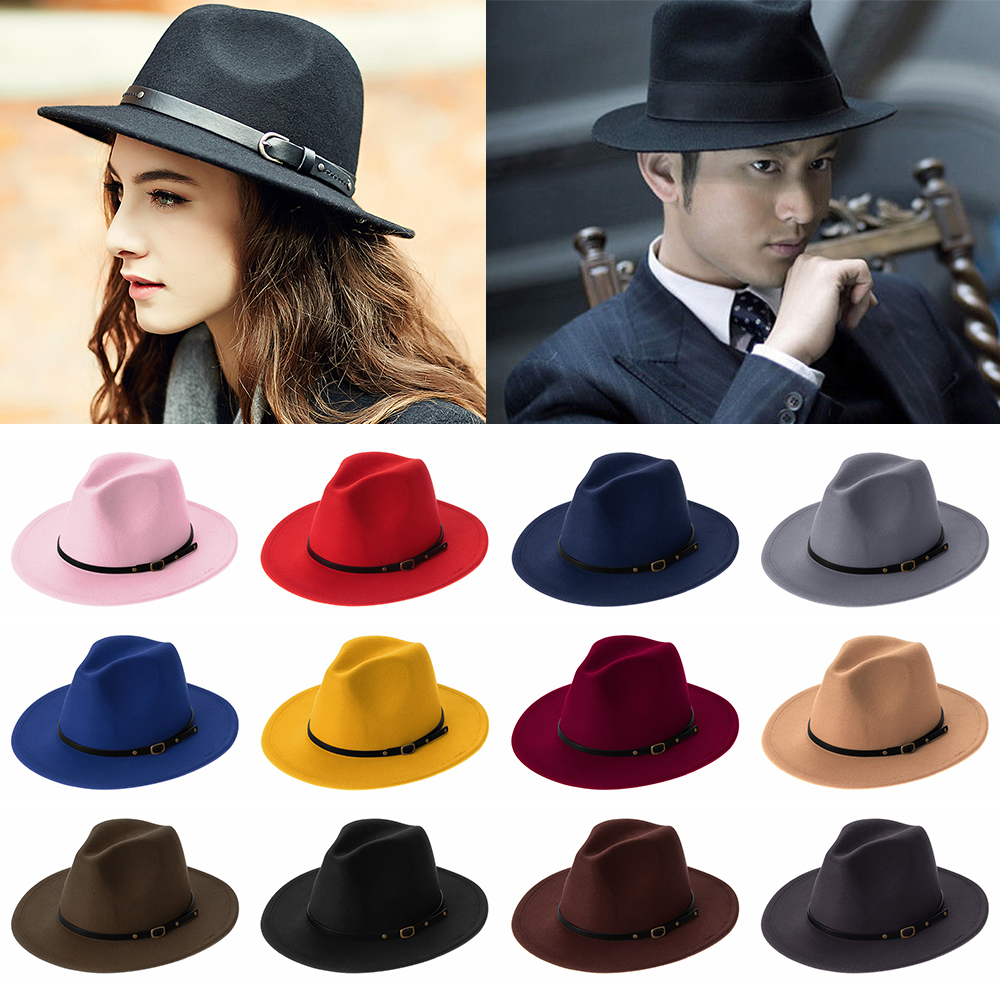 Mũ Fedora vải nỉ vành rộng đính khóa dây đai kiểu cao bồi vintage thời trang thu đông cho nam và nữ