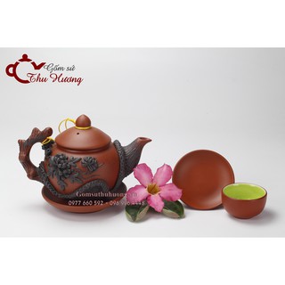 Bộ ấm chén Bát Tràng_Bộ bình trà gốm hoa văn đắp nổi đất đỏ