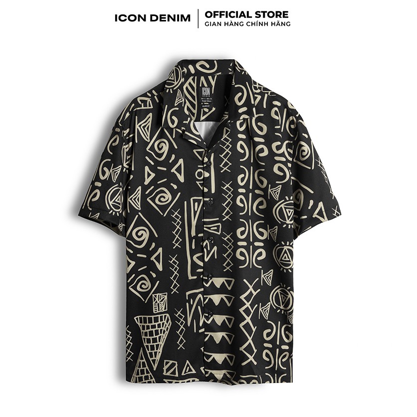 Áo Sơ Mi Nam Tay Ngắn Cổ Danton Họa tiết Biểu Tượng Tribal Doodle Vải Chun Chéo Mềm Mát ICON DENIM | BigBuy360 - bigbuy360.vn