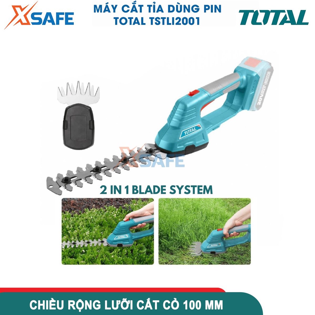 Máy cắt hàng rào dùng pin 20V TOTAL TSTLI2001, chiều rộng máy cắt của tông đơ 200mm,chiều rộng lưỡi cắt cỏ 100mm