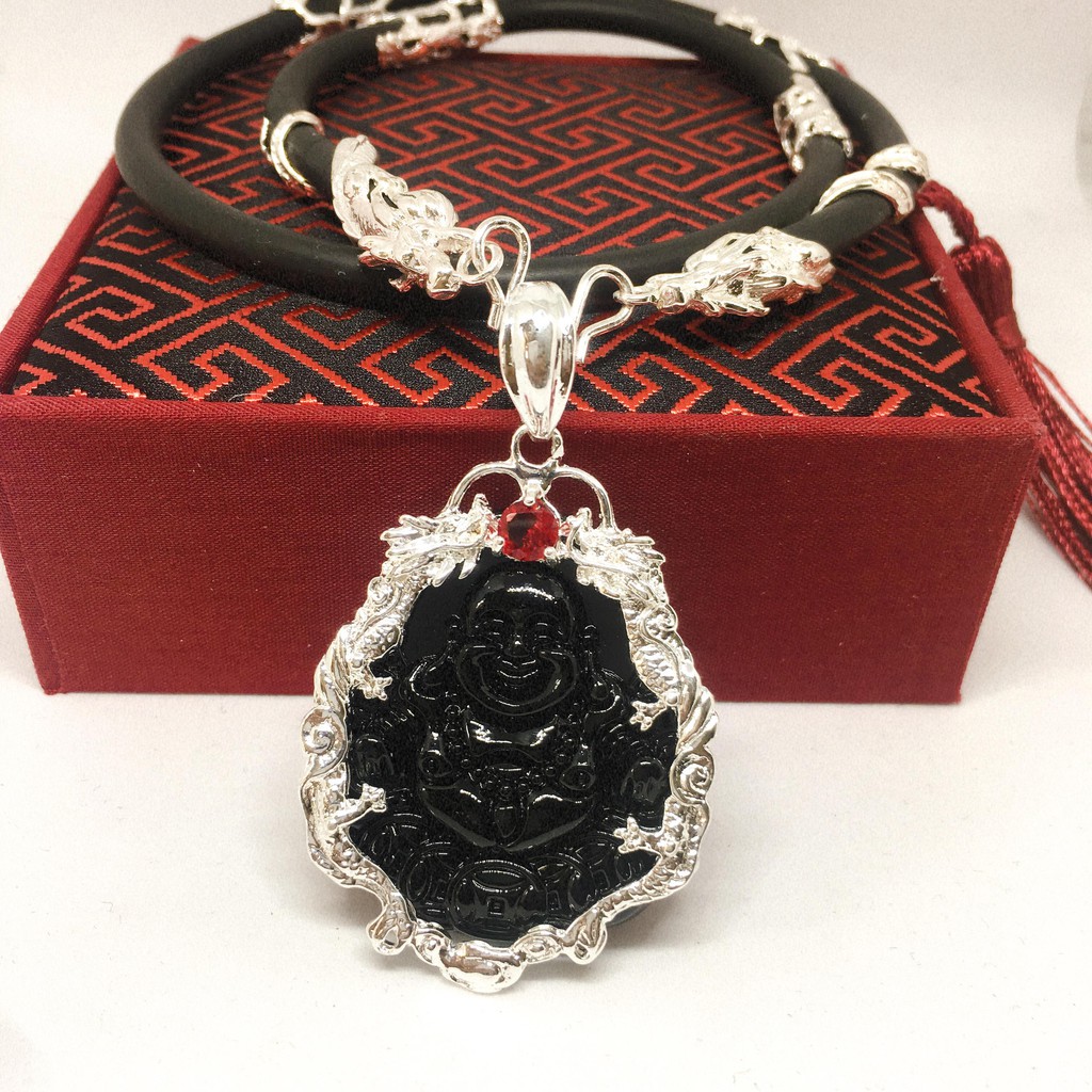 Dây chuyền Phong thủy Mặt Di Lạc Đá Obsidian Đen Song Long Bạc Thái Cao Cấp | Jewelry Bảo Tín (dây và mặt) ( Màu bạc)