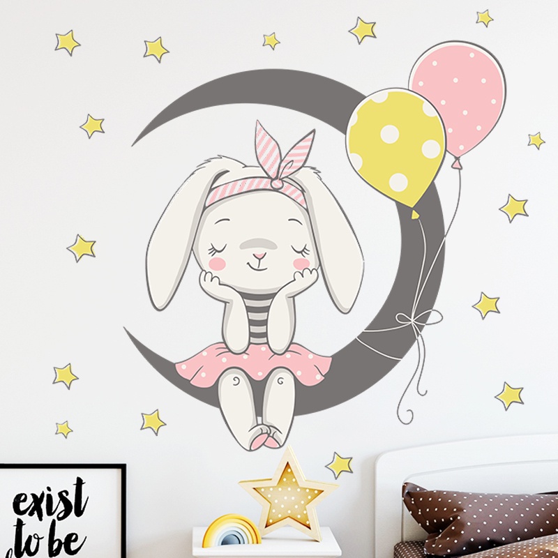 Giấy Dán Tường Trang Trí Phòng Ngủ Cho Bé Hình Thỏ Và Ngôi Sao Hoạt Hình Đáng Yêu