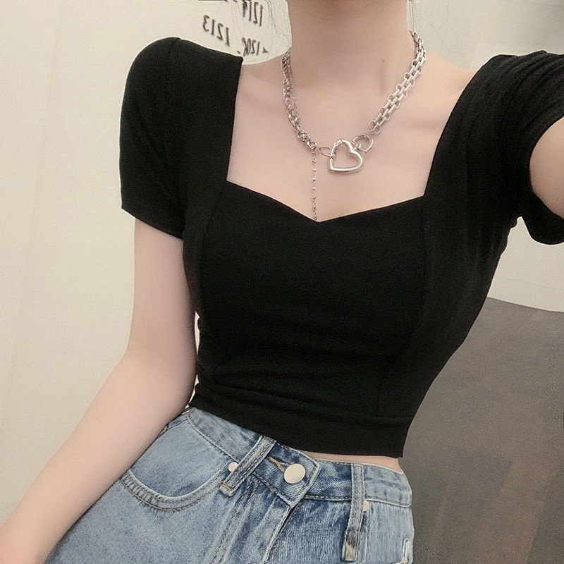 Áo Thun COZOK Ngắn Tay Cổ Vuông Màu Trơn Dáng Ôm Thời Trang Trẻ Trung
