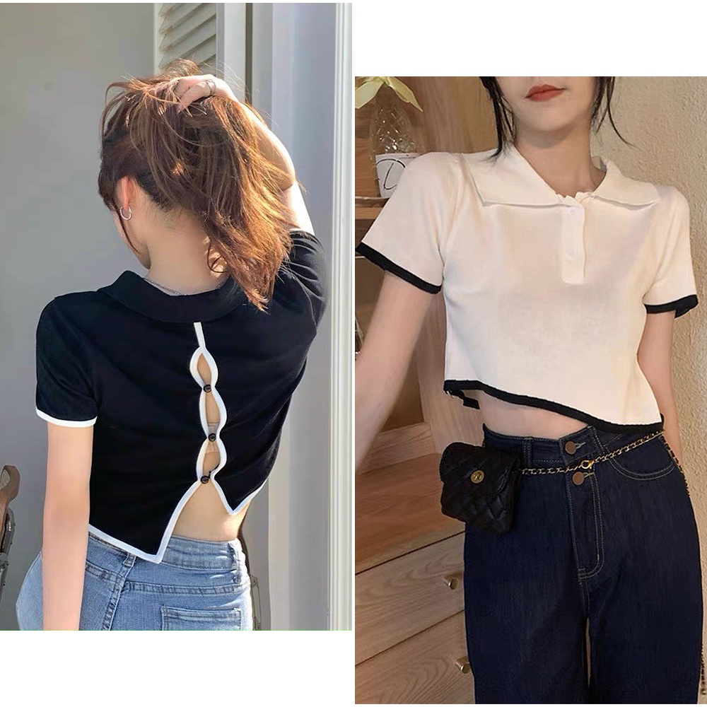 Áo Croptop Cổ Bẻ Tay Ngắn ,Dáng Rộng Lưng Xẻ Cuốn Hút Alohashop91