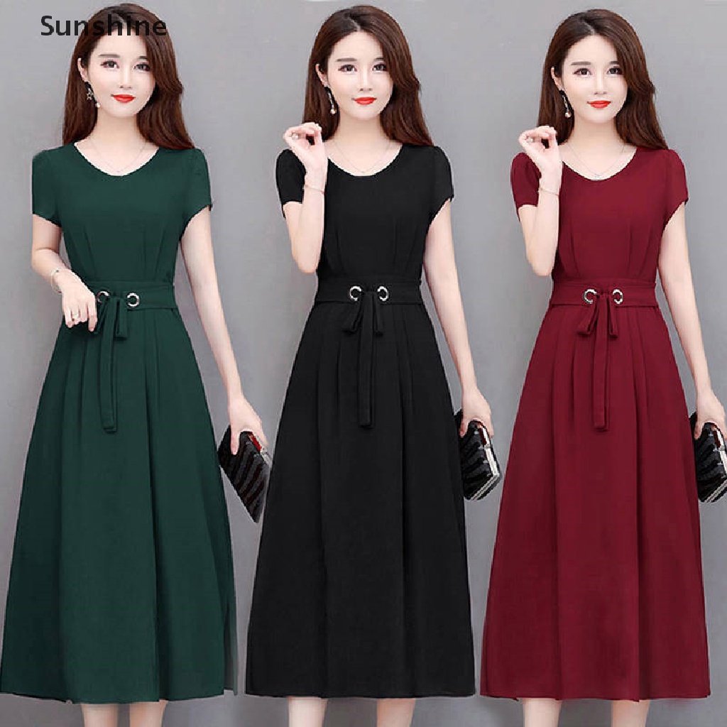 Đầm dài qua gối dáng chữ A tay ngắn màu trơn kèm thắt lưng thời trang mùa hè cho nữ