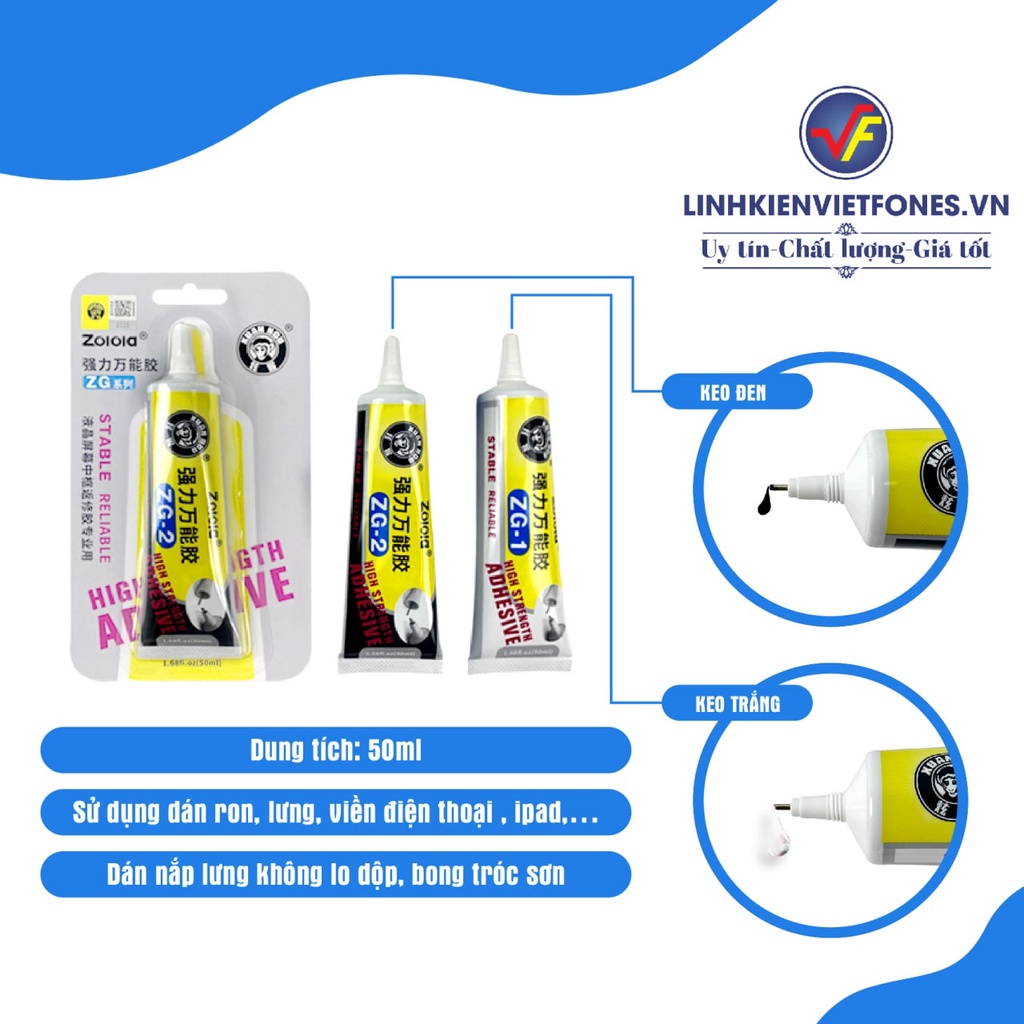 Keo zg, keo dán ron Zolola ZG siêu dính 50ml (Đen/Trắng)