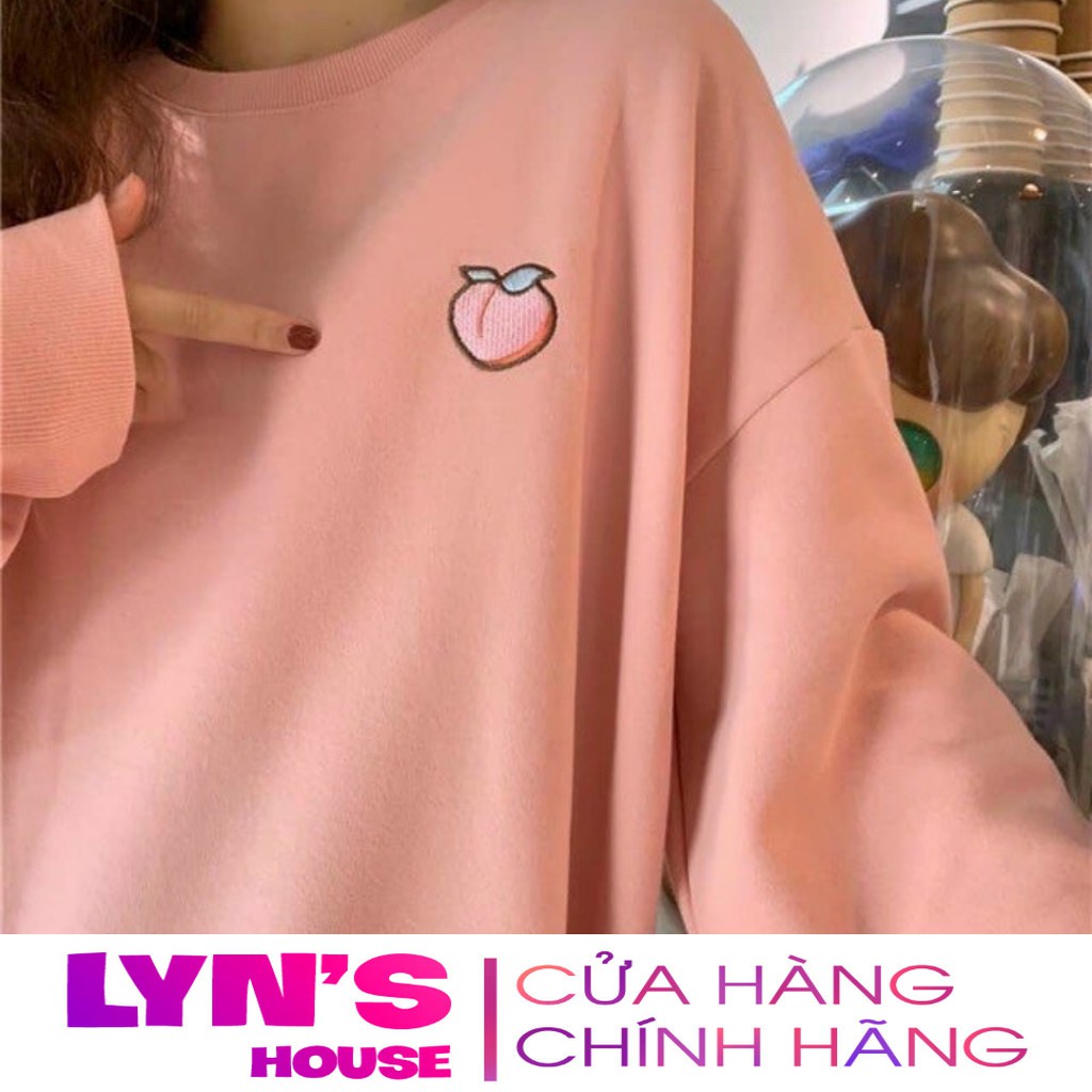 Áo tay dài sweater nỉ Lyn House thêu hình trái cây cho nam nữ và cặp đôi, form rộng unisex 4 màu hồng kem vàng xanh | BigBuy360 - bigbuy360.vn