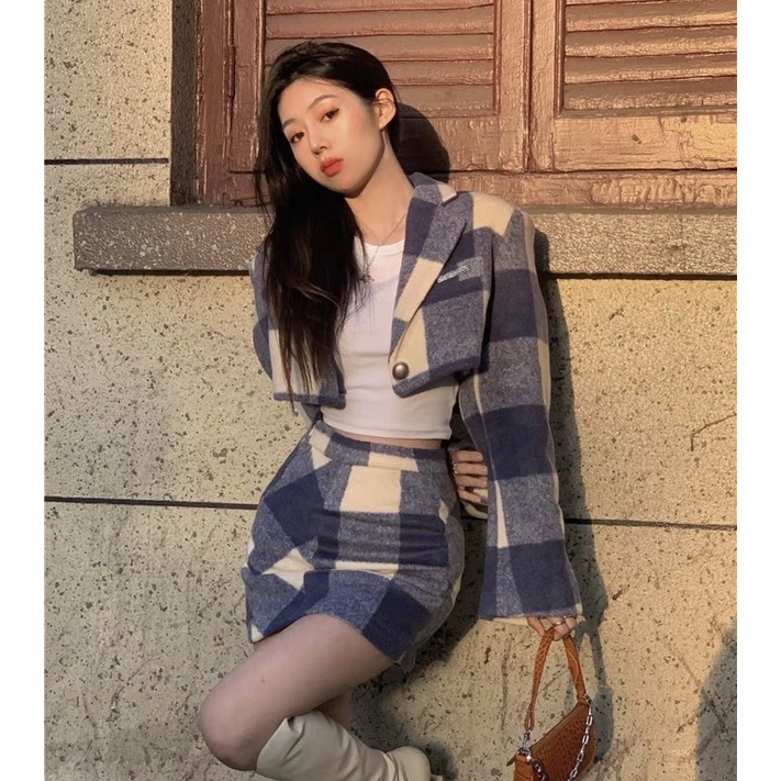 Set Áo croptop + Chân váy dạ sọc caro Ulzzang