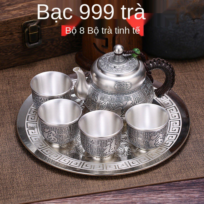 Bộ ấm trà bạc trắng Baifu 999 phong cách Trung Quốc 1 khay, ấm, 6 tách Châu Âu, retro, quà tặng miễn phí