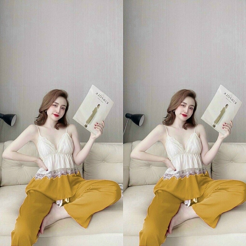 Set bộ ngủ dài hai dây lụa satin phối lưới có mút cao cấp | BigBuy360 - bigbuy360.vn