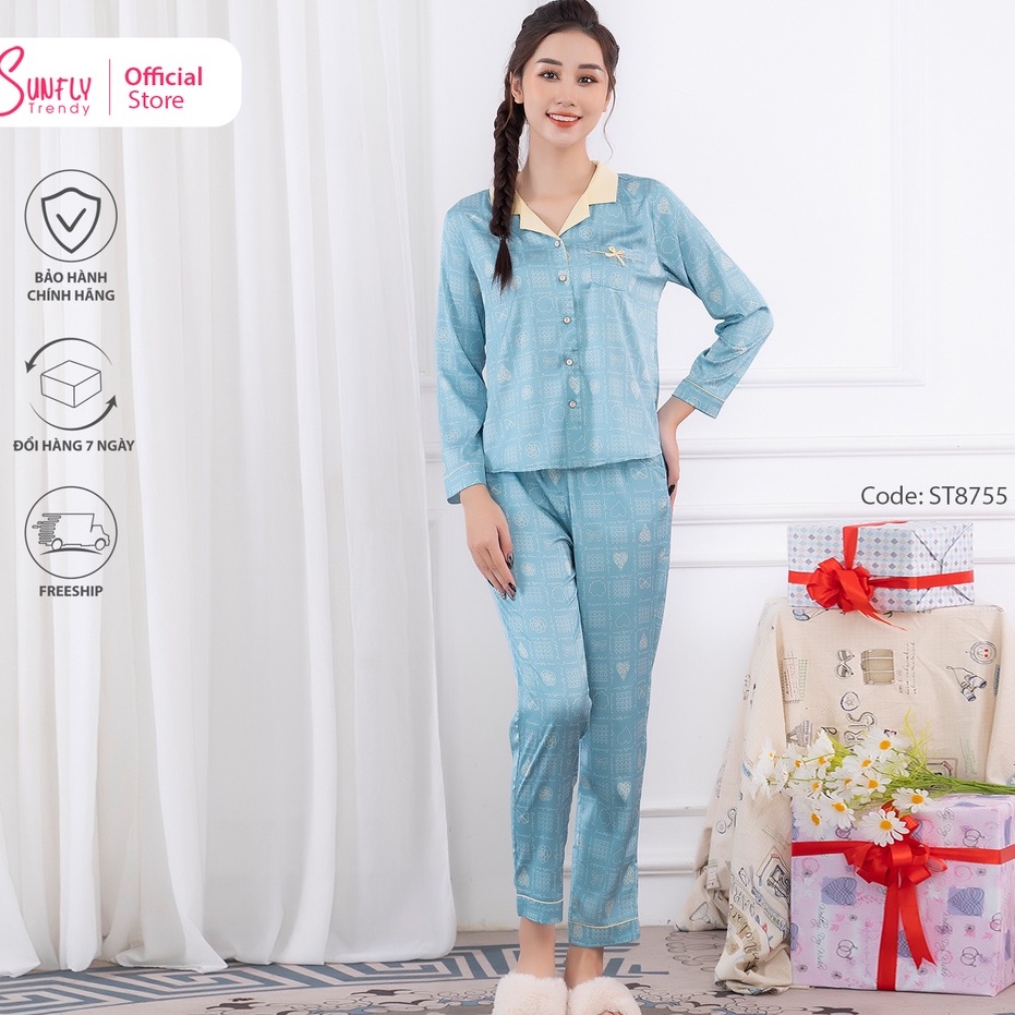 Bộ đồ mặc nhà nữ pijamas lụa SUNFLY áo dài quần dài ST8755