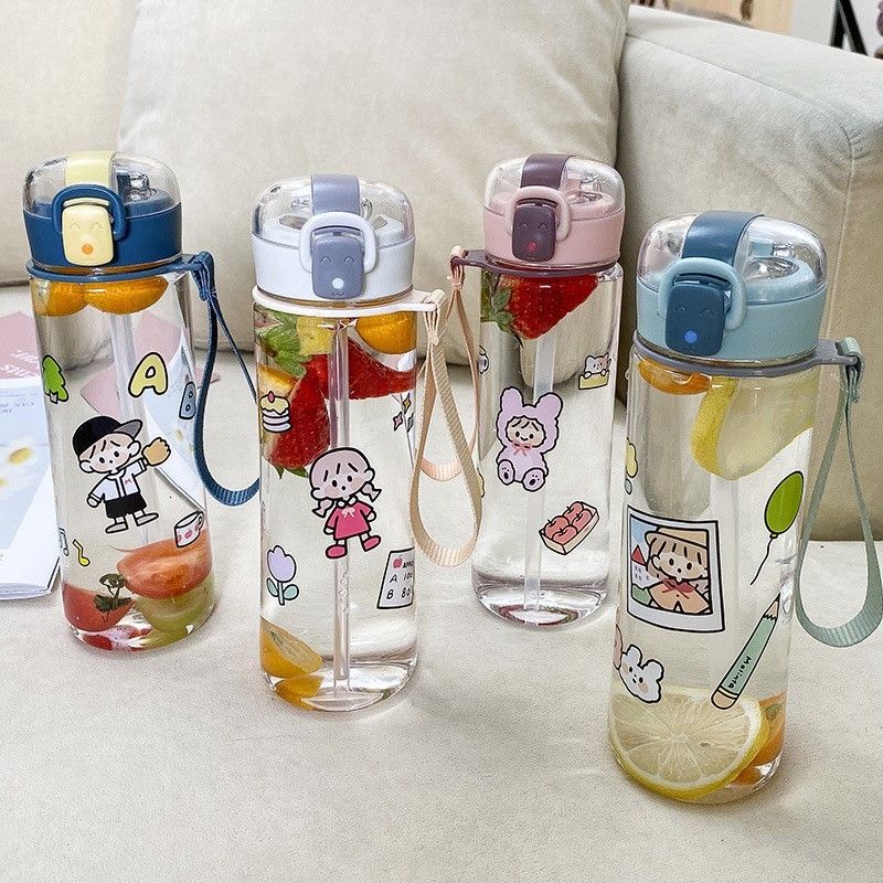 Bình đựng nước cute có ống hút, bình nước nhựa dễ thương có ống hút 500ml mang đi học, đi làm tiện dụng dễ thương