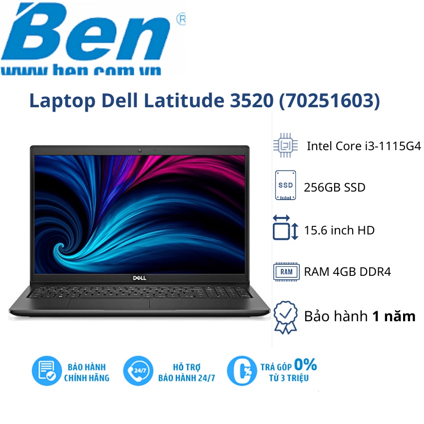 Laptop Dell Latitude 3520 (70251603) Core i3-1115G4 (up to 4.10 Ghz, 6 MB)/ RAM 4GB/ 256GB SSD