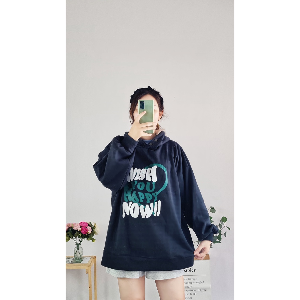 Áo HOODIE nỉ có mũ 2 lớp SAM CLO - Áo khoác chui tay dài thu đông nam nữ freesize form rộng unisex chữ HAPPY NOW PREMIUM