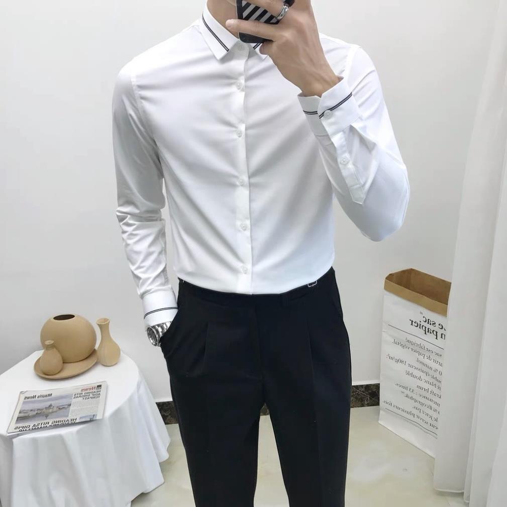 Áo sơ mi nam sọc đôi form hàn ôm body style 2021 công sở