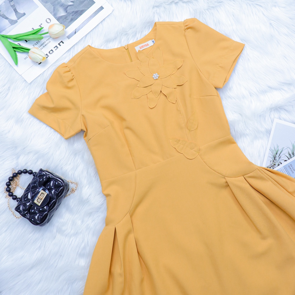 Đầm Xòe Dự Tiệc Công Sở Sang Trọng Bigsize AMYRA, Thiết Kế Dáng Xòe Đính Hoa Ngực Xếp Li Eo Cao Cấp Đi Làm Đi Tiệc DA163