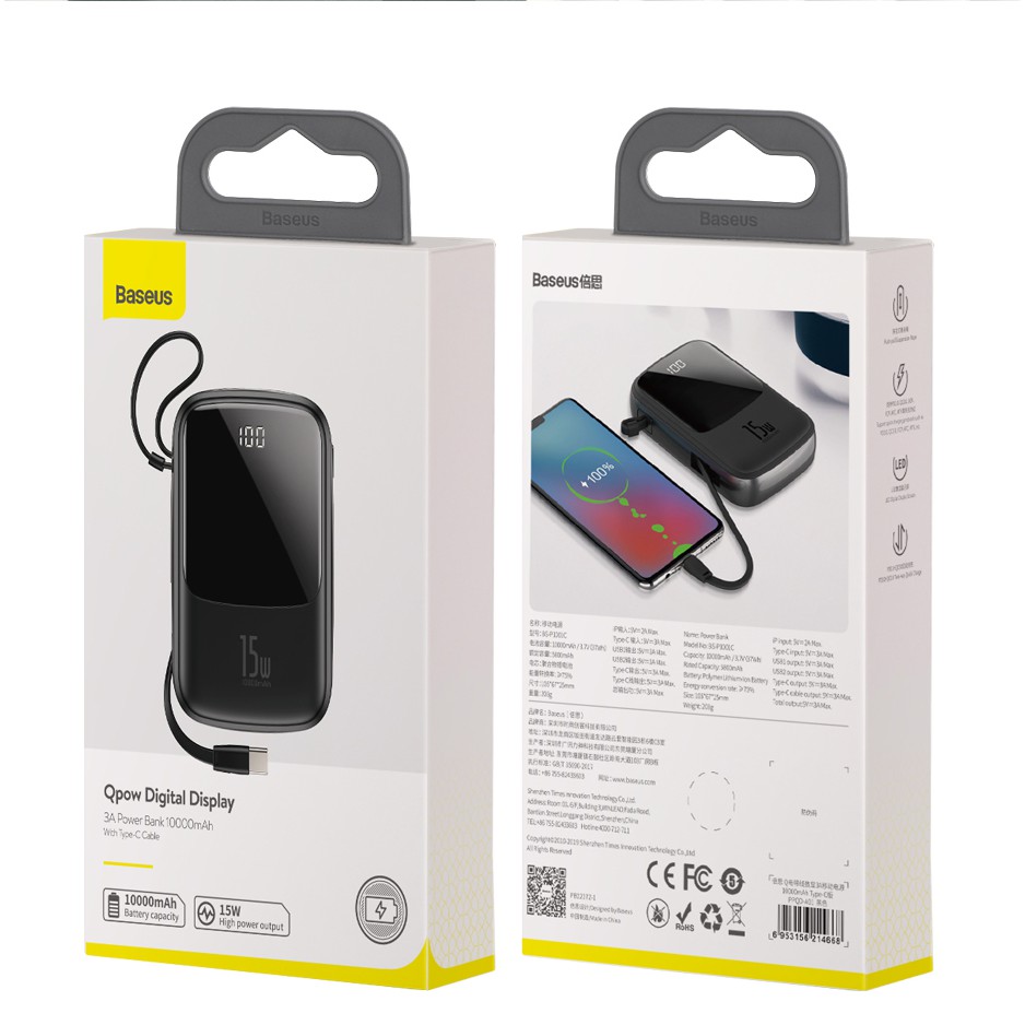 Sạc Dự Phòng Baseus Type C 15w Mini Tích Hợp Cáp Di Động Cho Iphone 10000mah