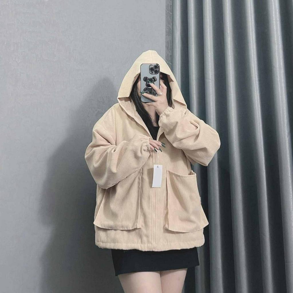 ❤️ GIÁ SỈ - MẪU MỚI ❤️ Áo khoác kaki nhung tâm nữ phối khóa có mũ from rộng thời trang