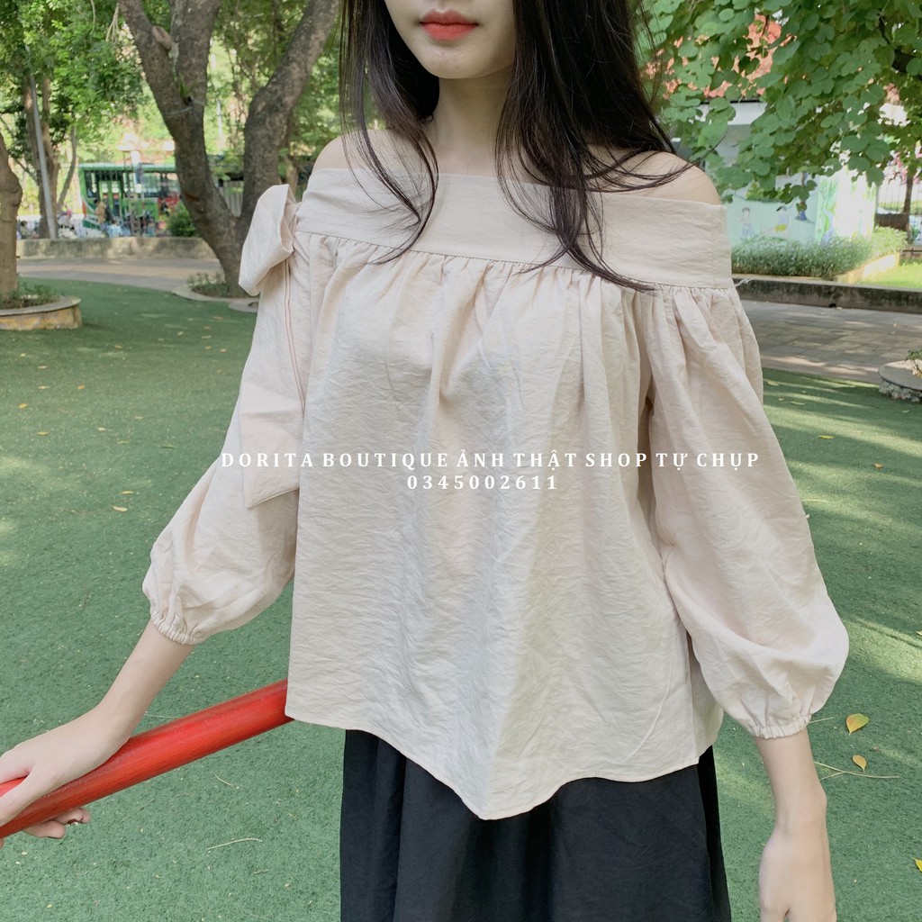 Áo thắt nơ trễ vai tay dài - Thắt nơ lệch điệu đà - Chất đũi hàn - Dorita Boutique | BigBuy360 - bigbuy360.vn