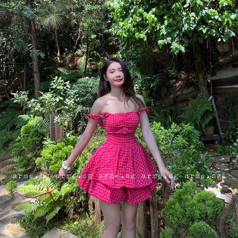 Jump xốp hai dây nhíu ngực nơ lưng dây cột, Set bộ hot trend tôn dáng