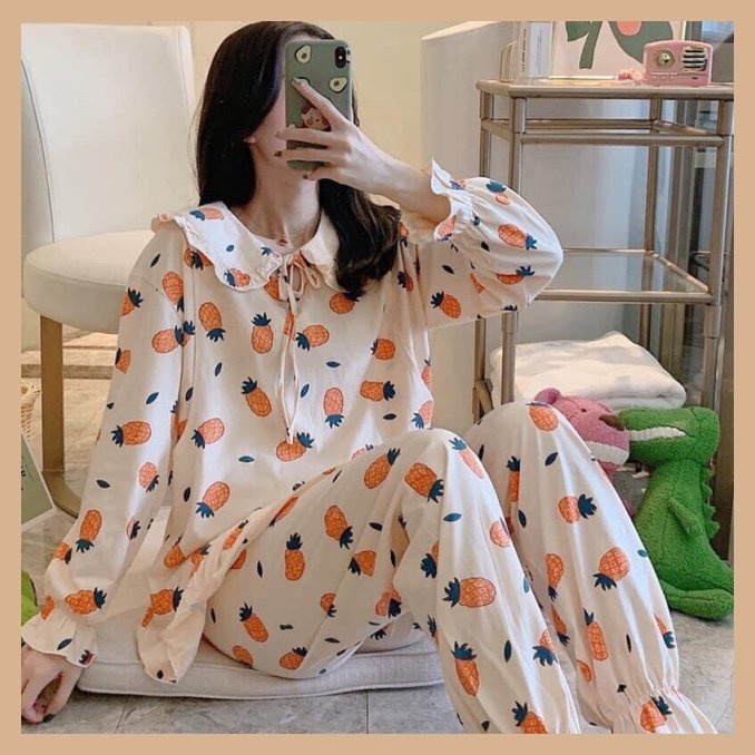 Bộ đồ Bầu và Sau sinh dài tay, chất liệu COTTON cao cấp, có phần mở cho bé bú. Họa tiết: Dứa