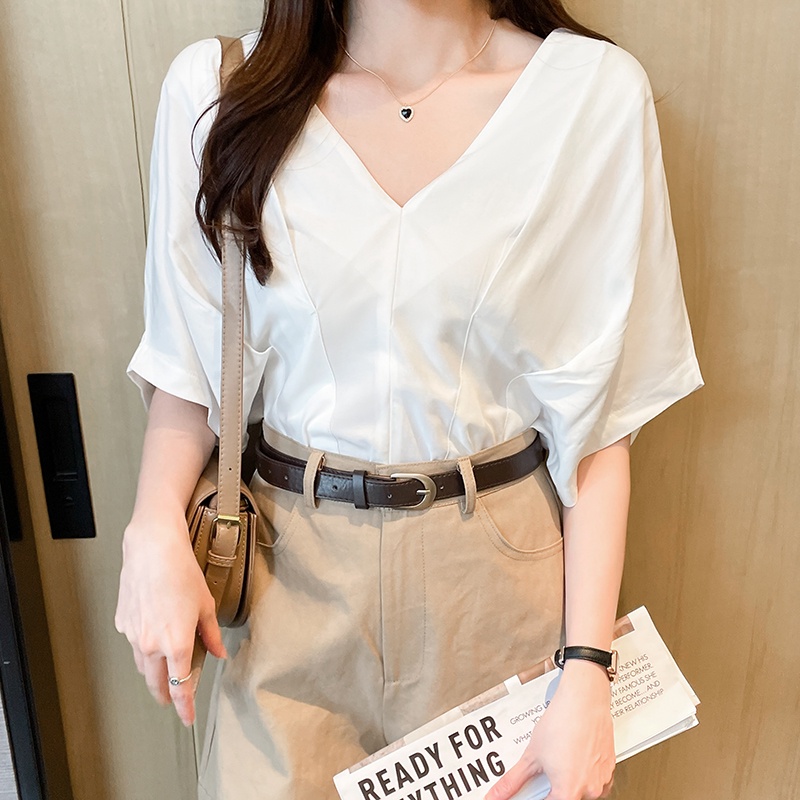 Áo Sơ Mi Cotton Tay Cánh Dơi Xếp Ly Màu Trắng Trơn Thời Trang Mùa Hè Hàn Quốc Hàng Mới 2022 Dành Cho Bạn Nữ