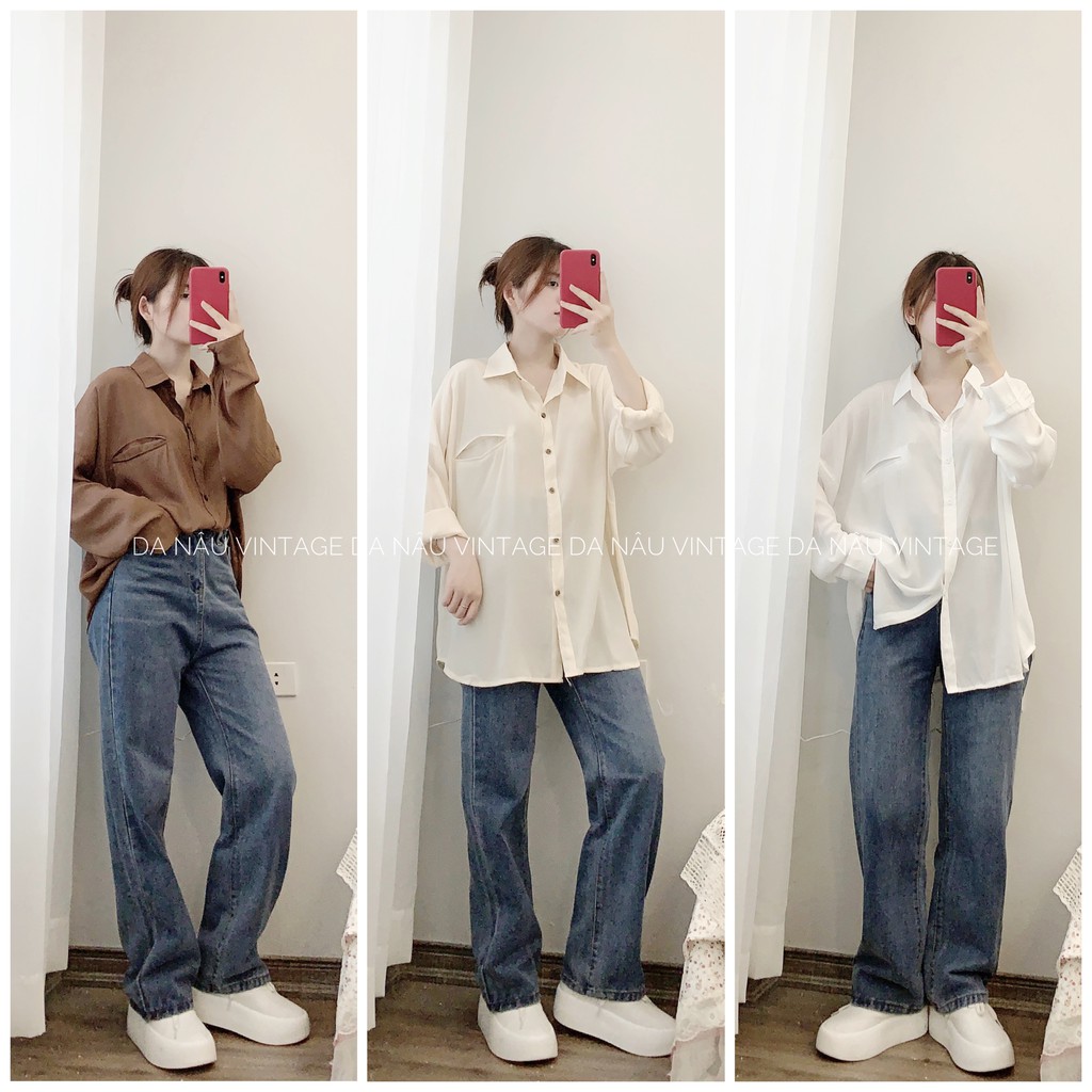 Áo sơ mi nữ lụa trơn freesize dài tay túi giả – Da Nâu Vintage