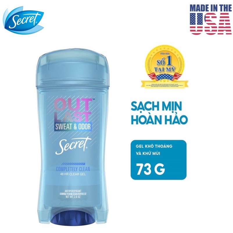 [USA] Lăn khử mùi nữ gel Secret Outlast Sweat & Odor Completely Clean 73g - Mỹ