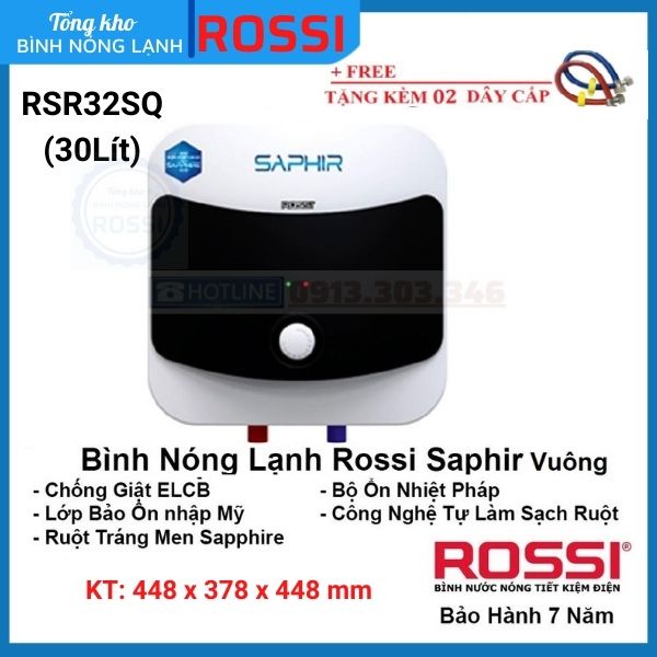 Bình nóng lạnh gián tiếp Rossi Saphir Vuông RSR32SQ , chính hãng, bảo hành 7 năm toàn quốc, tân á đại thành online