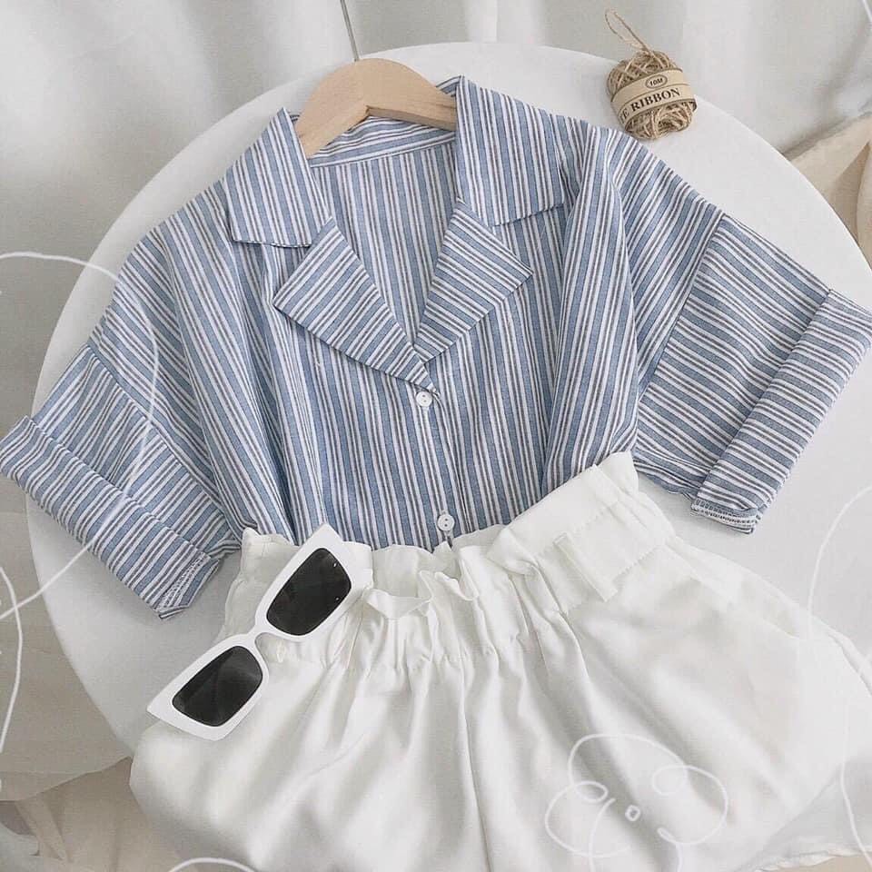 Set Áo Sơ Mi Kẻ Sọc Xanh + Quần Kaki Trắng_MEO14