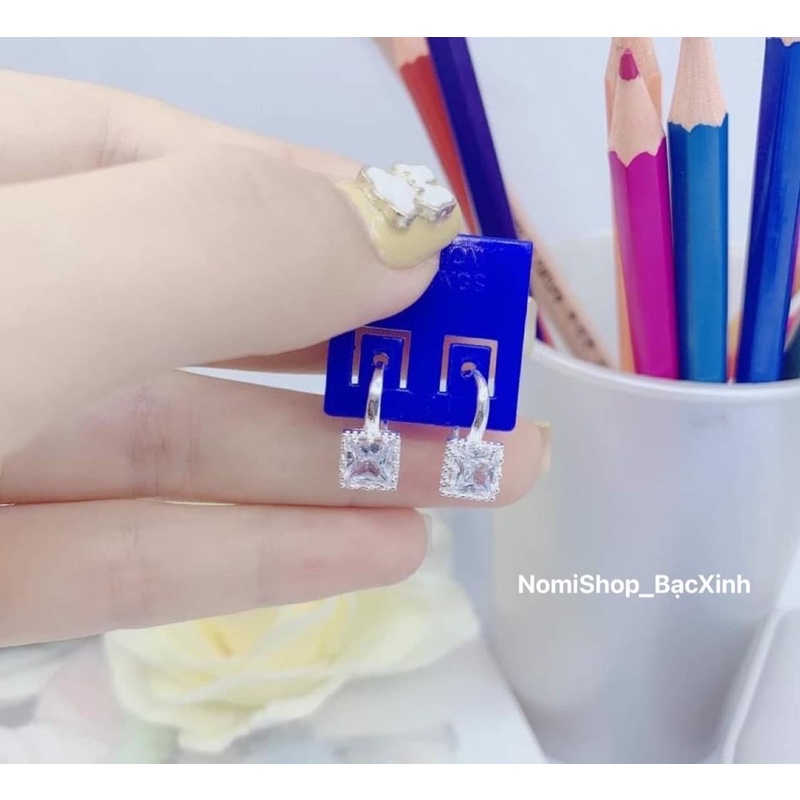 Bông tai bạc đá vuông móc câu bấm mua deal sốc để nhận miễn phí nút cao su Mainomi Shop Bạc Xinh
