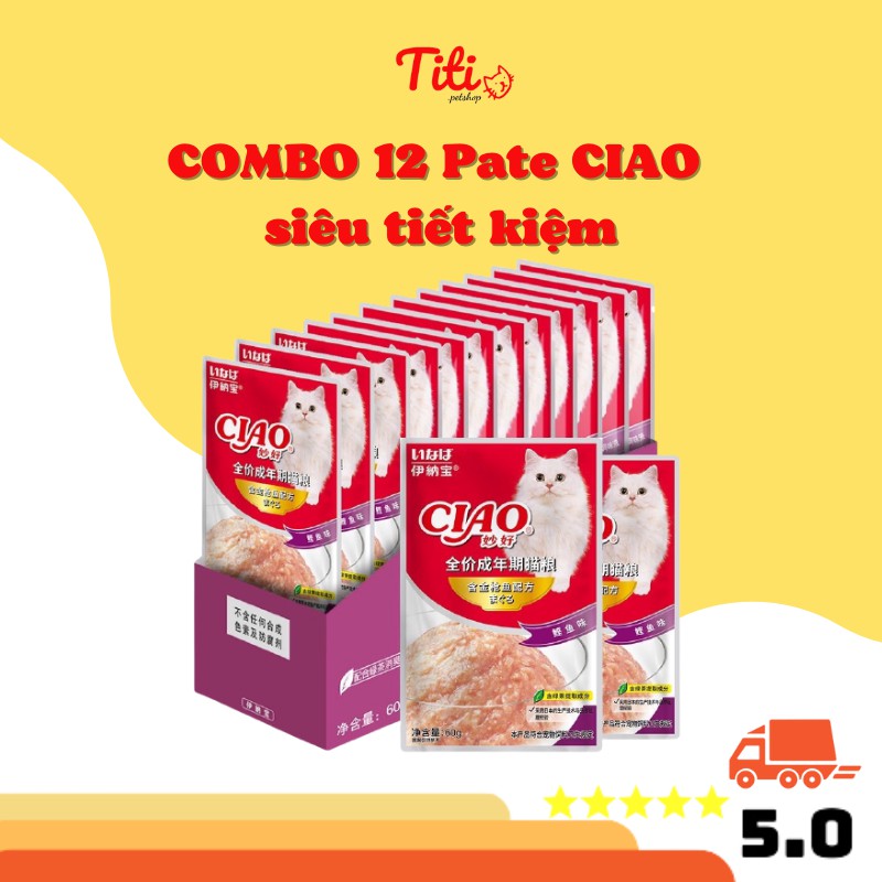 Thức ăn ướt cho mèo COMBO 12 GÓI  Pate CIAO Gói Nhuyễn 60gr, vị Cua,Sò,Gà,Cá Hồi,Cá Cơm Mix Vị Tổng Hợp_TITIPETS