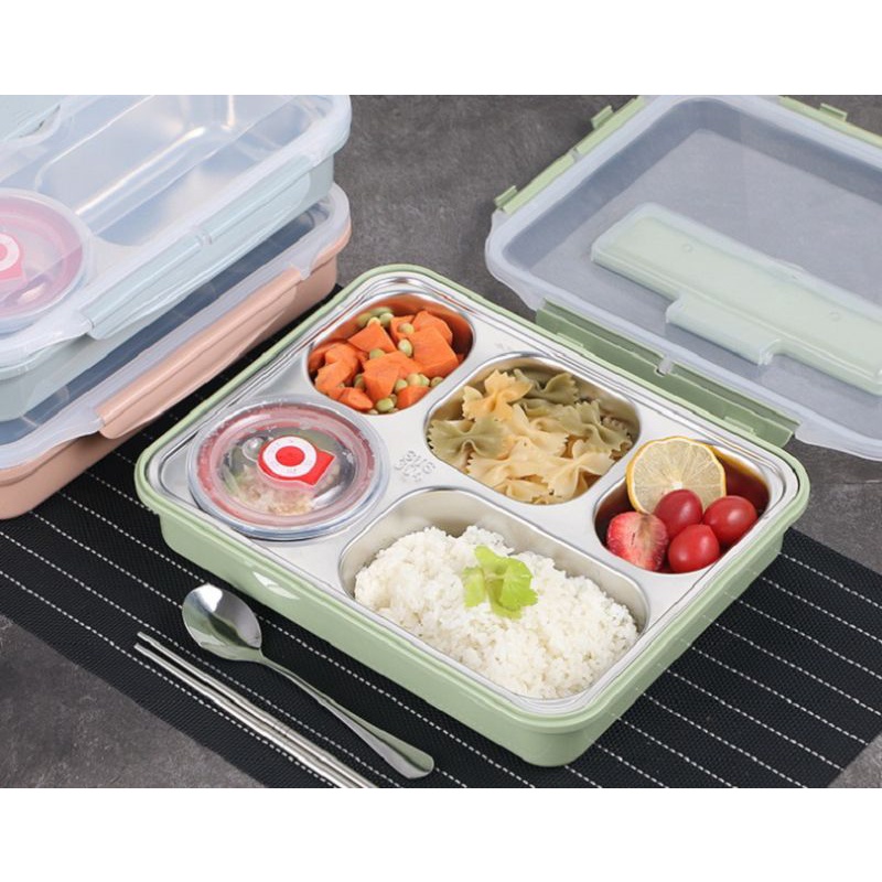 KHAY CƠM,Hộp đựng đồ ăn 5 ngăn bằng thép 304 31.5x25cm (có muỗng + đũa + bát súp),,,