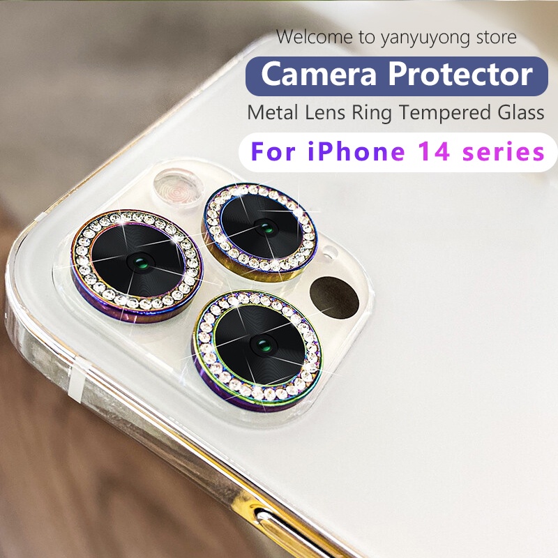Miếng dán đính đá bảo vệ ống kính camera cho iPhone 14 15 13 12 11 Pro Max mini / 14 15 Plus