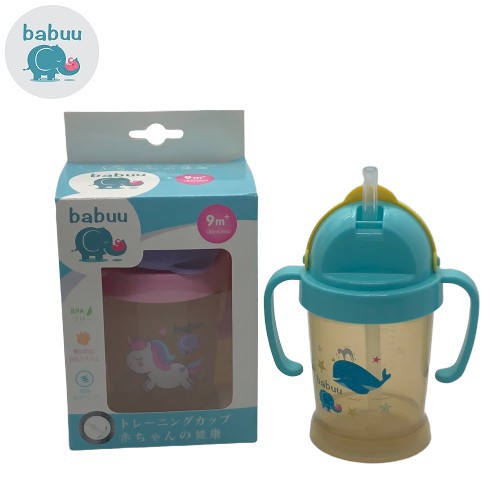 Bình tập uống ống hút silicon tay cầm Babuu Baby 180ml Nhật Bản