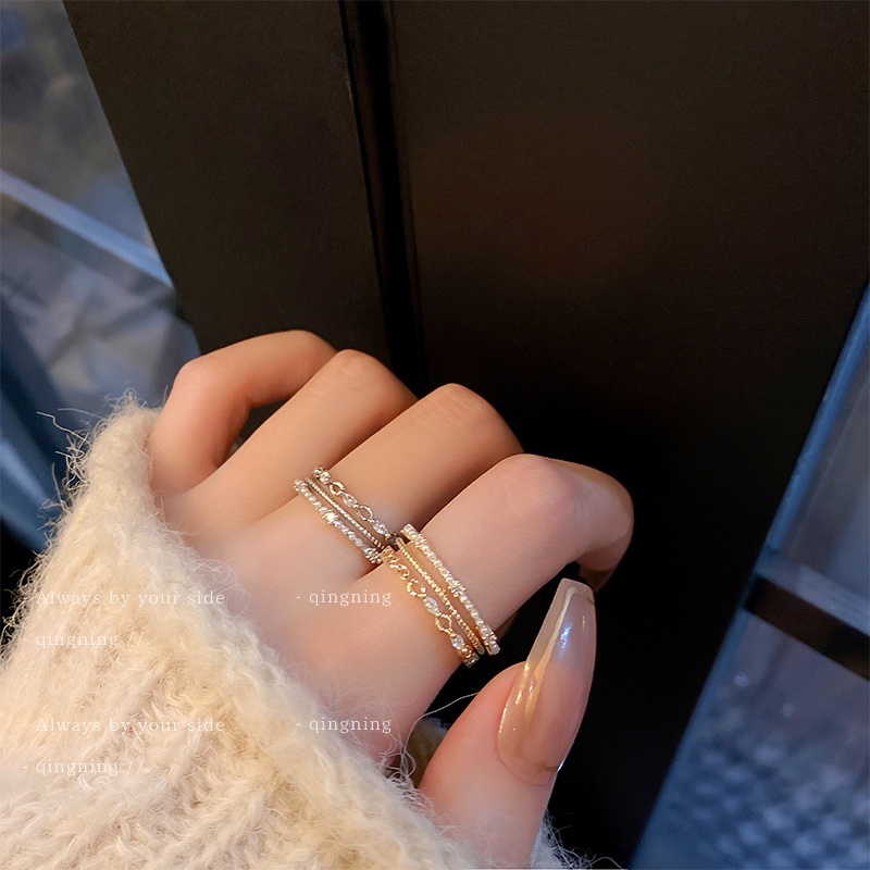 DREJEW Nhẫn nhiều lớp ngọc trai zircon khạm ngọc trai siêu nhỏ đơn giản phong cách Hàn Quốc thời trang