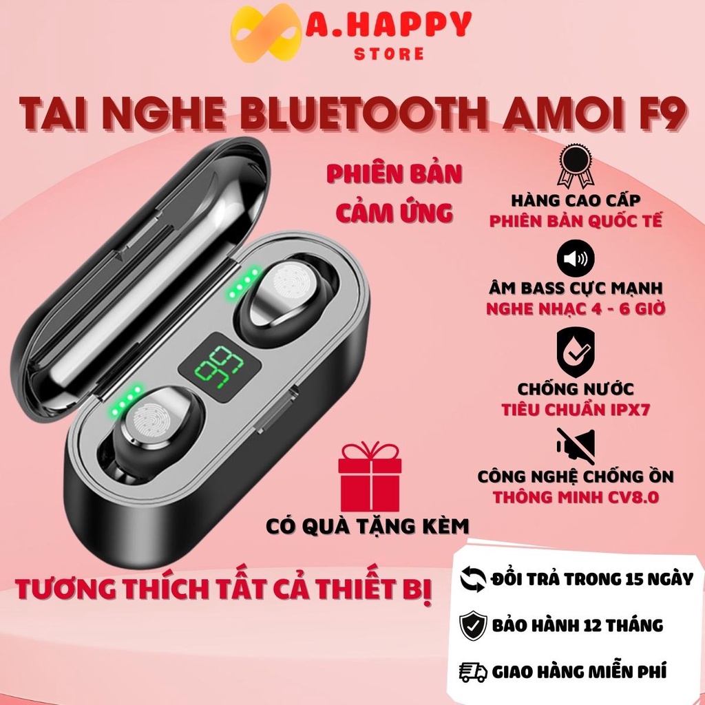 Tai nghe bluetooth không dây AMOI F9 | Cốc sạc 2000 mAh, sạc nhanh, cảm ứng vân tay, siêu bass, chống thấm nước, bụi
